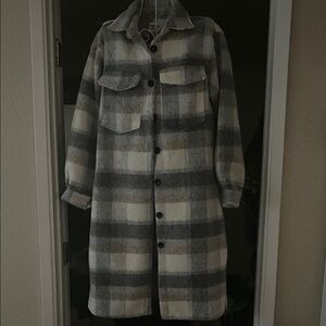 Princess Polly Gray, Cream & Taupe Plaid Long Trench Coat